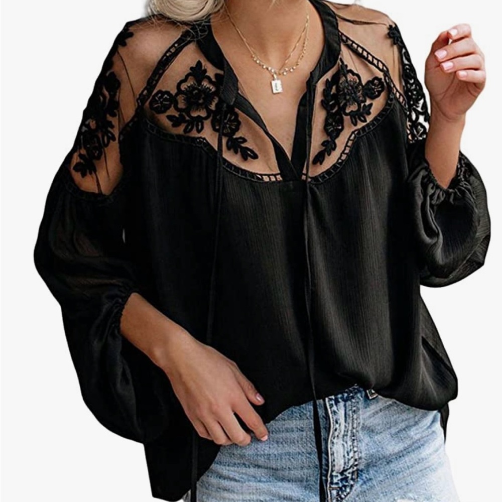 Elegant Black Sheer Lace Blouse